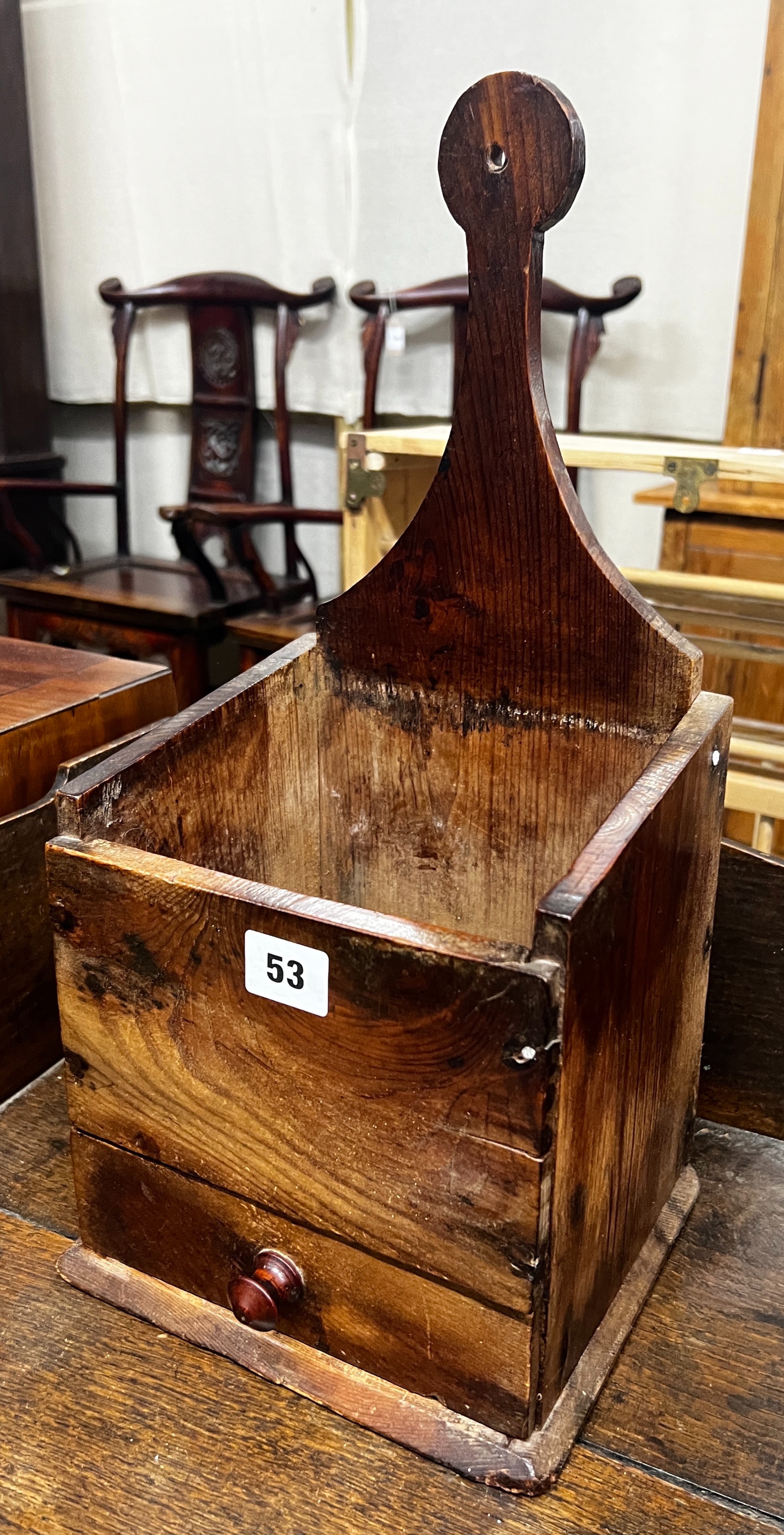 A 19th century yew wood hanging salt box, width 19cm, depth 17cm, height 43cm